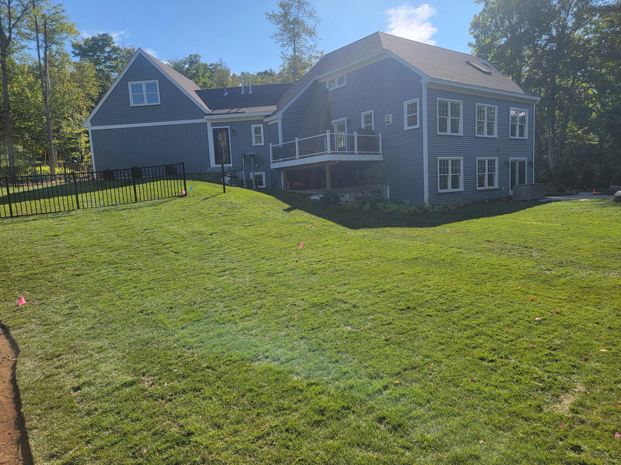 Freshly laid sod behind a navy-clapboard home with irrigation flags