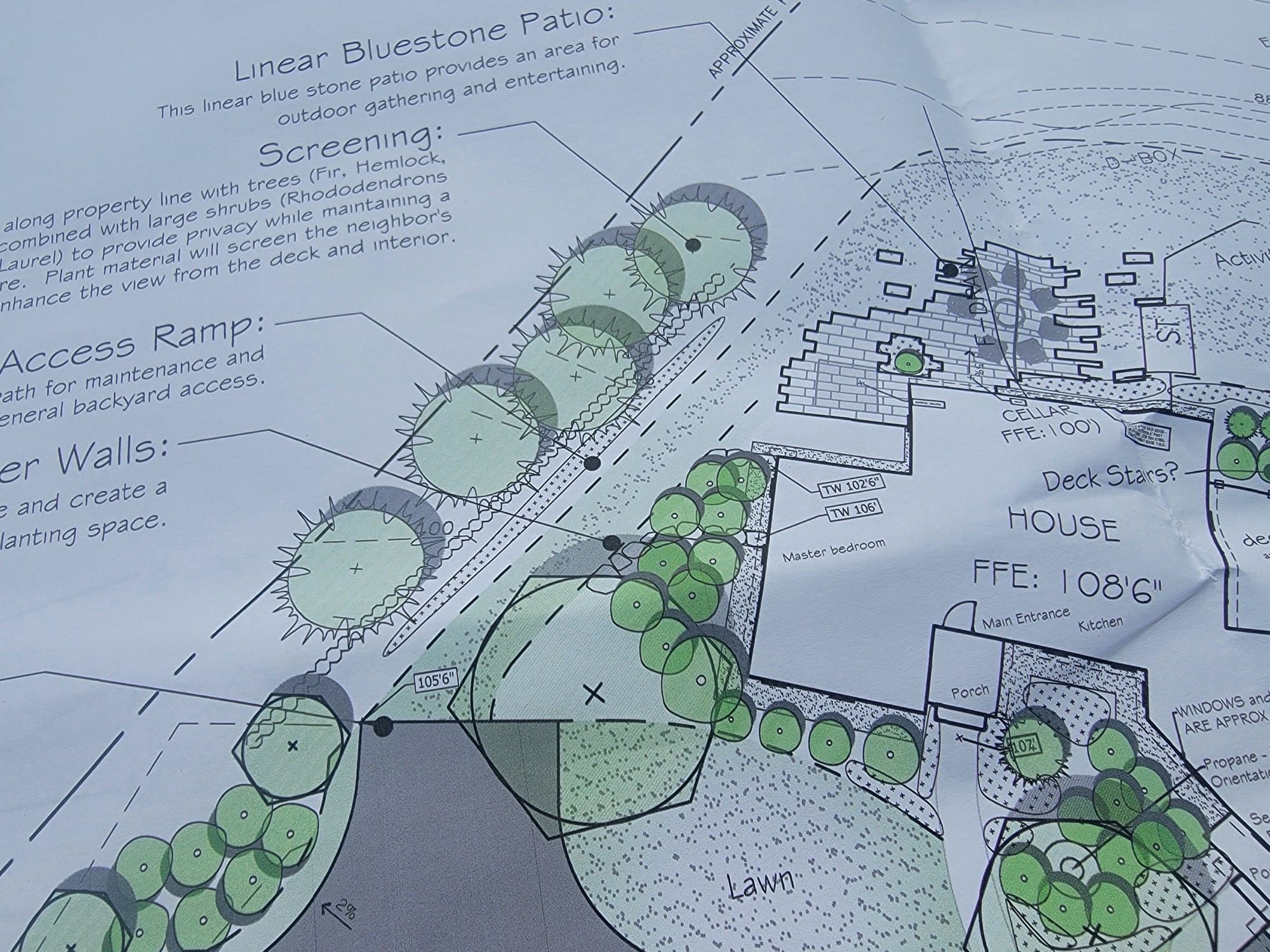 Closeup of a printed landscape design plan with hand annotations